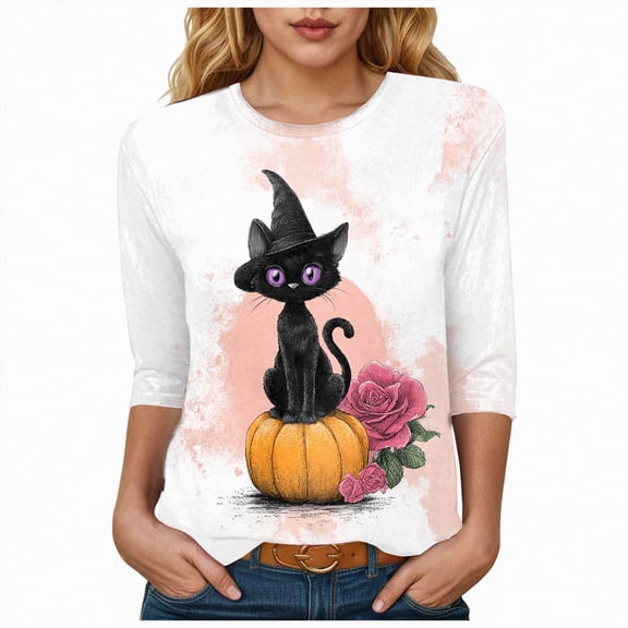 Godom Halloween T Shirt Women Vintage Graphic Tees 3/4 Sleeve Casual Funny Halloween Party Shirts