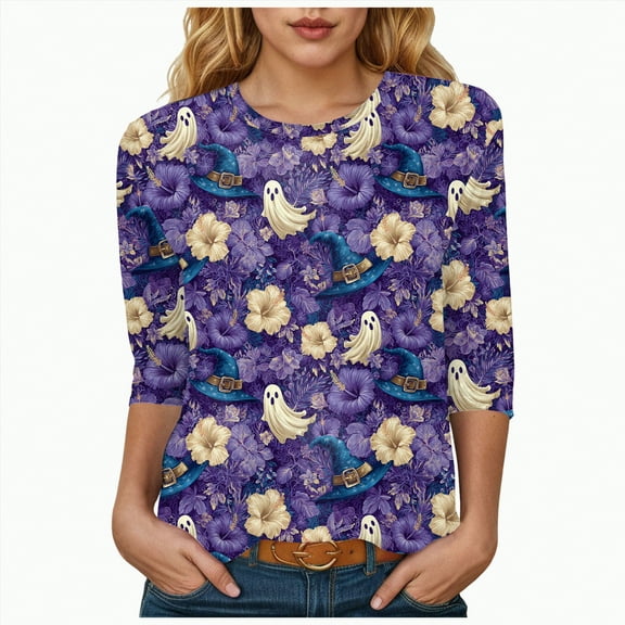 Godom Halloween T Shirt Women Vintage Graphic Tees 3/4 Sleeve Casual Funny Halloween Party Shirts
