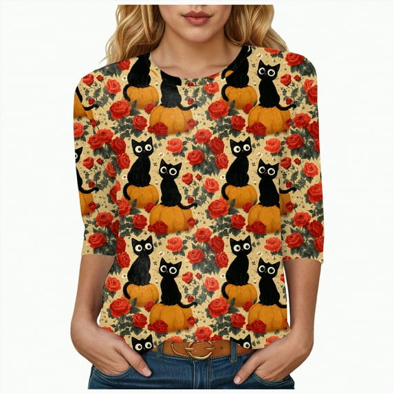 Godom Halloween T Shirt Women Vintage Graphic Tees 3/4 Sleeve Casual Funny Halloween Party Shirts