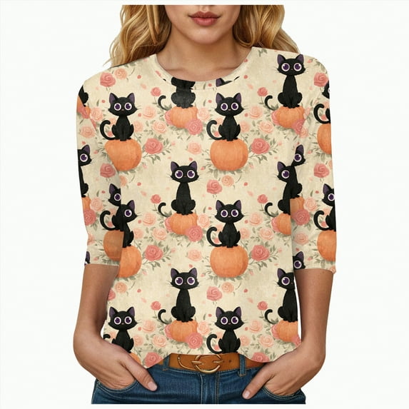 Godom Halloween T Shirt Women Vintage Graphic Tees 3/4 Sleeve Casual Funny Halloween Party Shirts