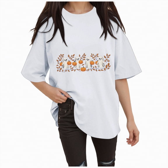 Godom Halloween T-Shirt for Women Cute Ghost Graphic Tee Short Sleeve Casual Fall Tops