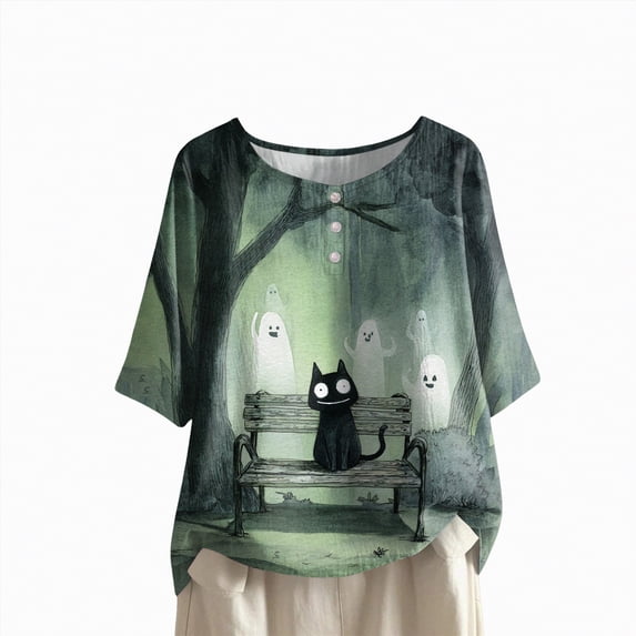 Godom Halloween T Shirts for Women Oversized Shirt Ghost Graphic Button Casual Short Sleeve Tees