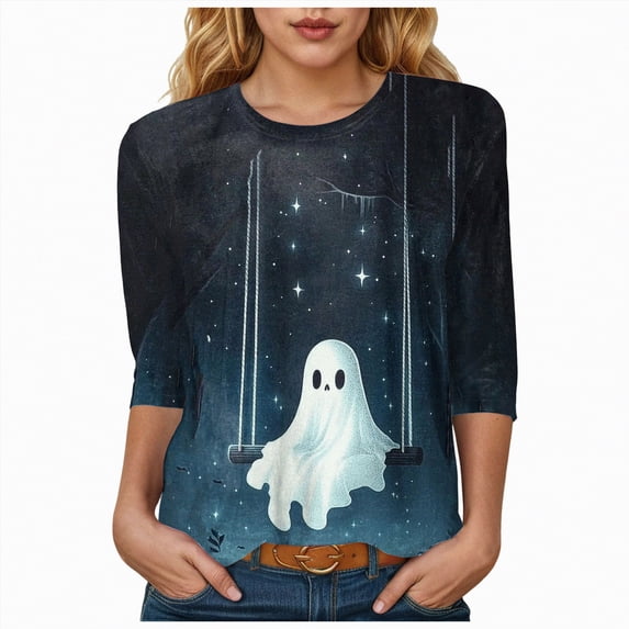 Godom Halloween T Shirts for Womens 3/4 Sleeve Shirt Crewneck Basic Tees Soft Loose Fit Fall Outfits Fashion Tops 2025