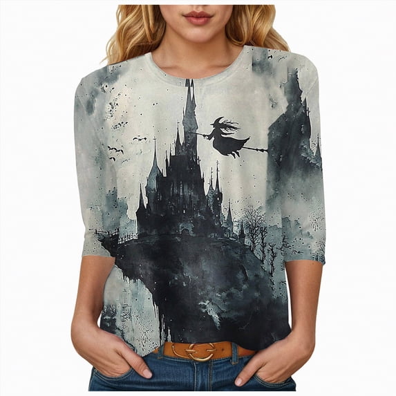 Godom Halloween Tshirt for Women Pumpkin Graphic Tees Tops 3/4 Sleeve Crew Neck Pullover Shirt
