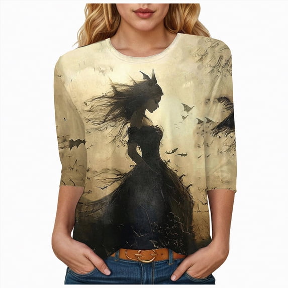 Godom Halloween Tshirt for Women Pumpkin Graphic Tees Tops 3/4 Sleeve Crew Neck Pullover Shirt