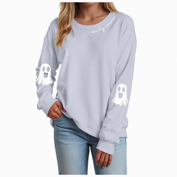 Godom Halloween Women's Sweatshirts Ghost Graphic Crewneck Long Sleeve Loose Fit Tops Fashion 2025