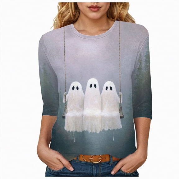 Godom Halloween Womens Casual 3/4 Sleeve Tunic Tops Crew Neck Shirt Blouses T-Shirt