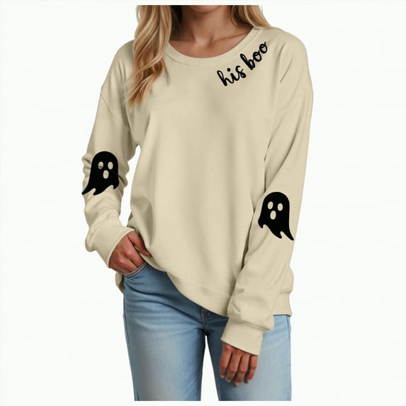 Godom Halloween Womens Oversized Sweatshirts Ghost Graphic Crewneck Sweaters Casual Tops Comfy Fall Fashion Outfits Winter Clothes 2025