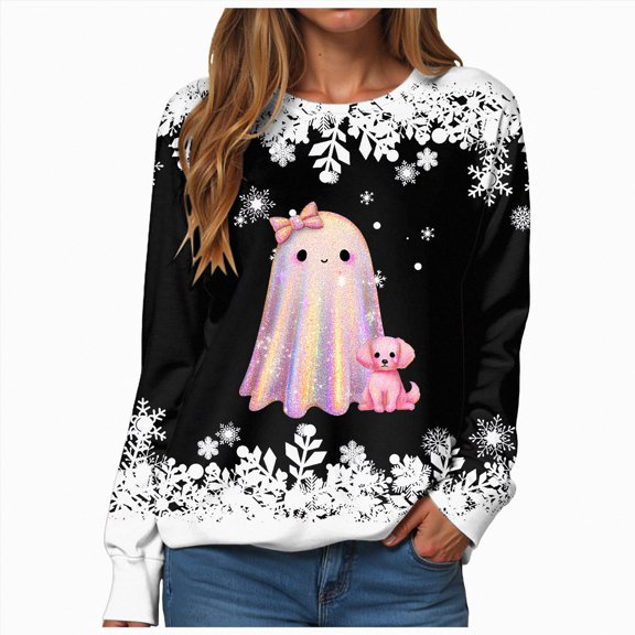 Godom Halloween Womens Sweatshirts Ghost Graphic Crewneck Sweaters Casual Tops Comfy Fall Fashion Outfits Winter Clothes 2025