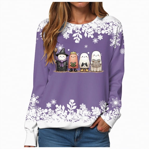Godom Halloween Womens Sweatshirts Ghost Graphic Long Sleeve Tunic Shirts Crewneck Loose Pullover Tops 2025 Trendy Outfit