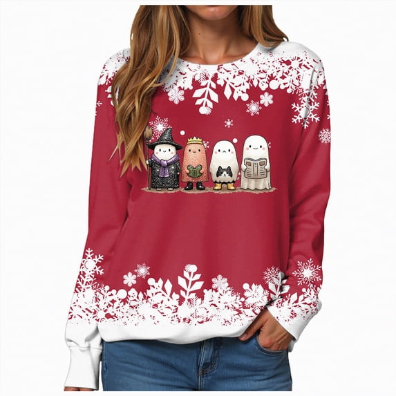 Godom Halloween Womens Sweatshirts Ghost Graphic Long Sleeve Tunic Shirts Crewneck Loose Pullover Tops 2025 Trendy Outfit