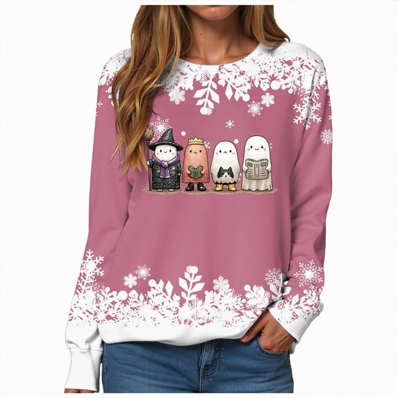 Godom Halloween Womens Sweatshirts Ghost Graphic Long Sleeve Tunic Shirts Crewneck Loose Pullover Tops 2025 Trendy Outfit