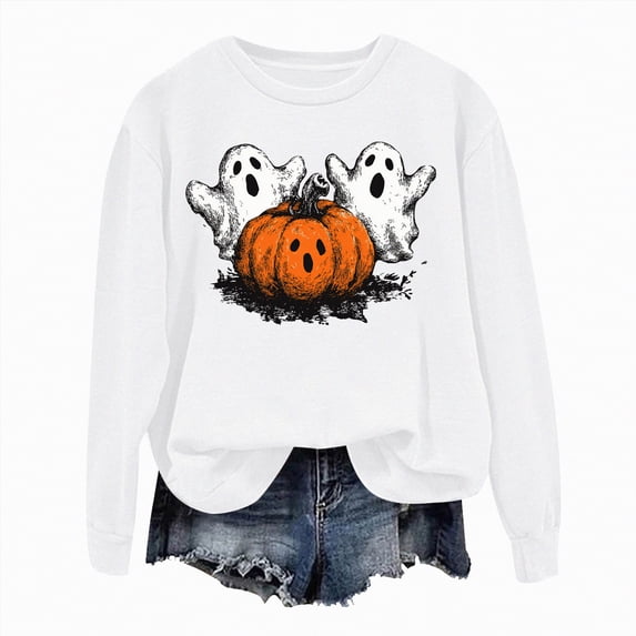 Godom Halloween Womens Sweatshirts Pumpkin Graphic Crewneck Long Sleeve Tops Casual Loose Pullover Shirts 2025 Clothes
