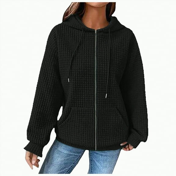 Godom Hoodies for Women Hooded Hoodies Casual Long Sleeve Drawstring Waffle Pullover Tops Loose Hooded Sweatshirt with Pocket