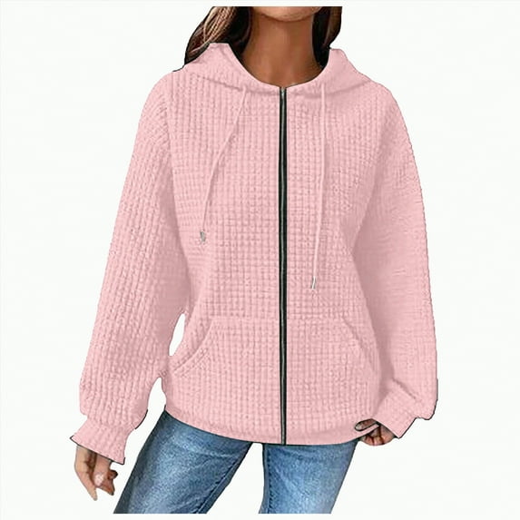 Godom Hoodies for Women Hooded Hoodies Casual Long Sleeve Drawstring Waffle Pullover Tops Loose Hooded Sweatshirt with Pocket