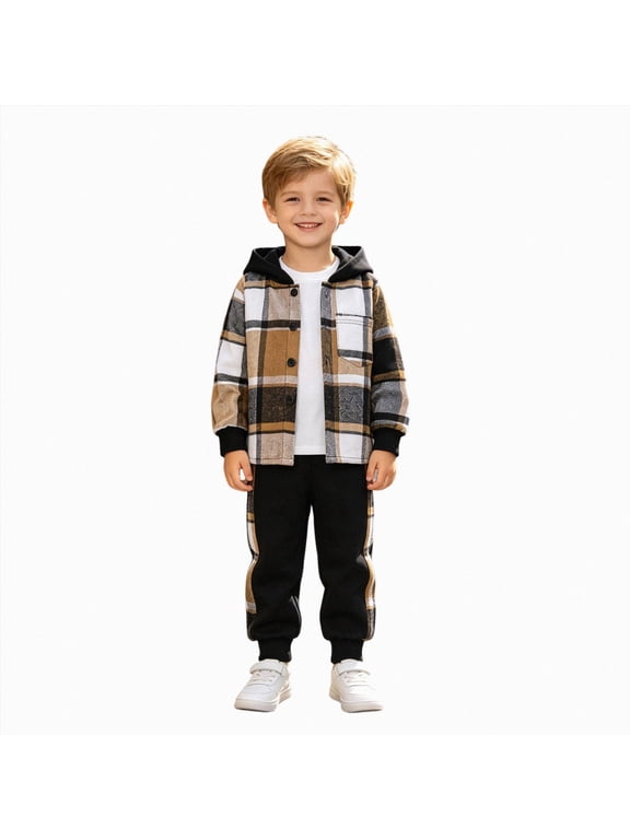 Little Boys Casual Outfit Sets Long Sleeve Patchwork Plaid Prints Jacket Hooded Tops Pants Clothes Set for Kids 3T-7T