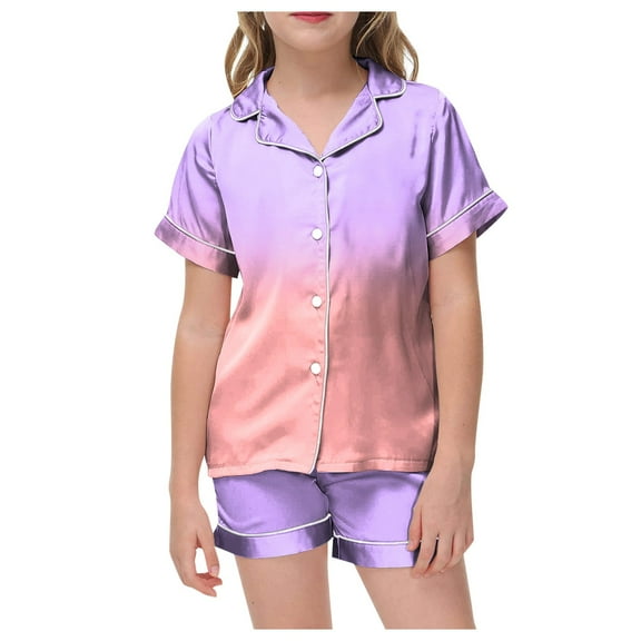 Godom Pajama Set for Kid Girls Satin Pajama Silk PJ Short Sleeve Sleepwear Loungewear Clothes Outfits