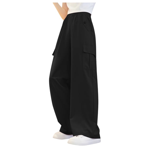 Godom Parachute Pants for Girls Y2K Cargo Trousers with Pockets Jogger Pants Kids 5-12 Years,Black