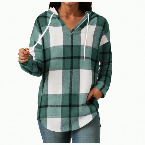 Godom Plaid Blouses for Women Dressy Casual Long Sleeve V Neck Shirts Fall Tunic Tops Loose Fit Hoodies for Womens