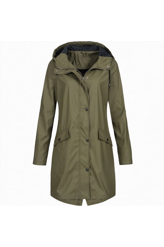 Rain Jackets for Women Waterproof Long Sleeve Lightweight Plus Size Raincoat Buttons Zip Up Ski-Wear Trench Coat Outdoor Sportswear Mountaineering Clothes Hooded Drawstring Windbreaker