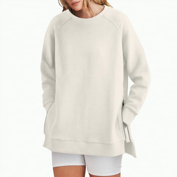 Godom Sweatshirt for Women Long Sleeve Crewneck Tops Oversized Casual Pullover Shirts with Side Zipper