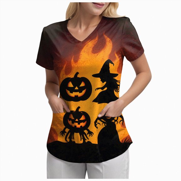 Godom T Shirt for Women Halloween Pumpkin Tees Fall Graphic Short Sleeve V Neck Tees