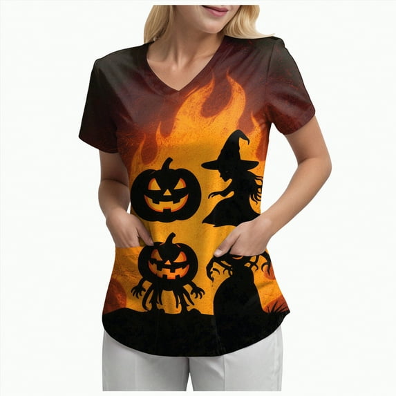 Godom T Shirt for Women Halloween Pumpkin Tees Fall Graphic Short Sleeve V Neck Tees