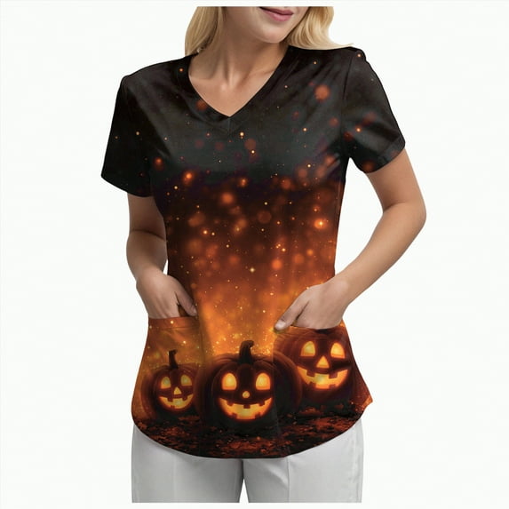 Godom T Shirt for Women Halloween Pumpkin Tees Fall Graphic Short Sleeve V Neck Tees