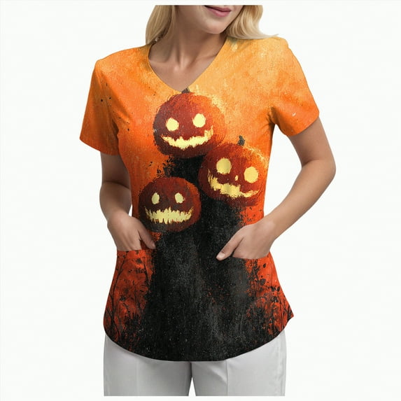Godom T Shirt for Women Halloween Pumpkin Tees Fall Graphic Short Sleeve V Neck Tees