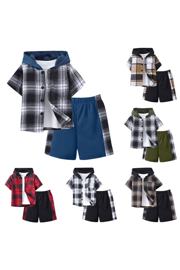 Toddler Baby Boy Clothes Spring Summer 2 Piece Outfit Boys Clothes 2T 3T 4T 5T 6T 7T Short Sleeve Plaid Hooded Top and Shorts Sets,Blue