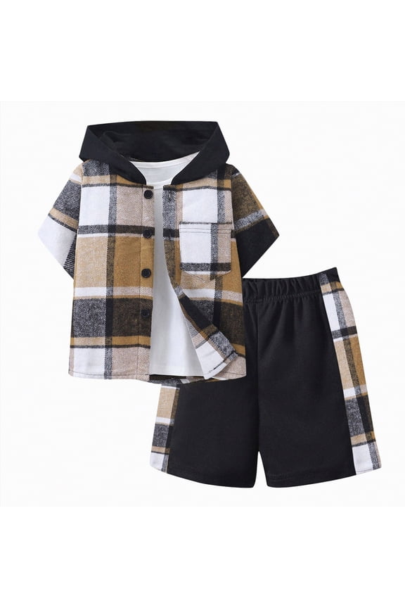 Toddler Baby Boy Clothes Spring Summer 2 Piece Outfit Boys Clothes 2T 3T 4T 5T 6T 7T Short Sleeve Plaid Hooded Top and Shorts Sets,Khaki