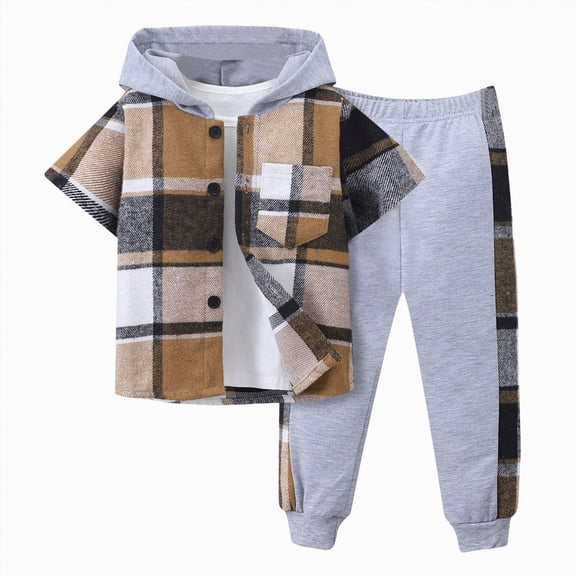 Godom Toddler Boy Clothes Spring Summer 2 Piece Outfit 3T Boys Outfits Short Sleeve Plaid Color Collision Hooded Pants Sets,Khaki