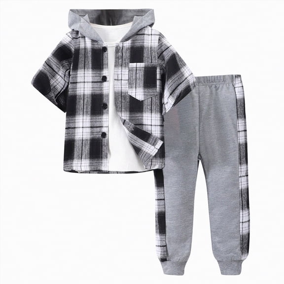 Godom Toddler Boy Clothes Spring Summer 2 Piece Outfit 5T Boys Clothes Short Sleeve Plaid Color Collision Hooded Pants Sets,Grey