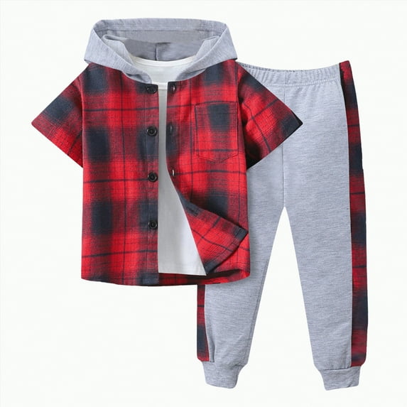 Godom Toddler Boy Clothes Spring Summer 2 Piece Outfit Baby Clothes for Boys Short Sleeve Plaid Color Collision Hooded Pants Sets,Red