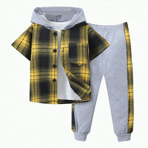 Godom Toddler Boy Clothes Spring Summer 2 Piece Outfit Cute Baby Boys Outfits Short Sleeve Plaid Color Collision Hooded Pants Sets,Light Yellow