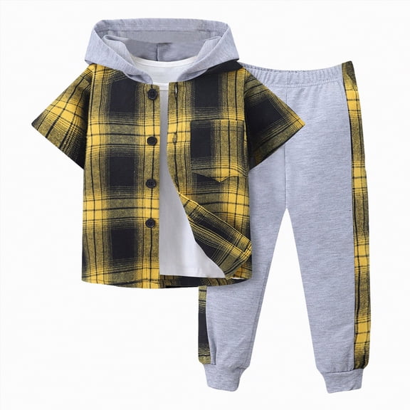 Godom Toddler Boy Clothes Spring Summer 2 Piece Outfit Cute Baby Boys Outfits Short Sleeve Plaid Color Collision Hooded Pants Sets,Light Yellow