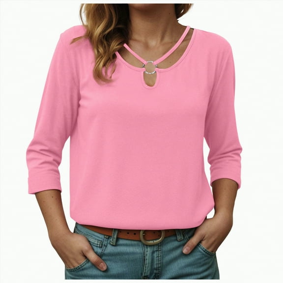 Godom Tops for Women 3/4 Sleeve Crewneck Cute Basics Tees Casual Fashion Summer T Shirts Business Work Tee Top