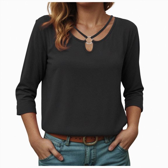 Godom Tops for Women 3/4 Sleeve Crewneck Cute Basics Tees Casual Fashion Summer T Shirts Business Work Tee Top