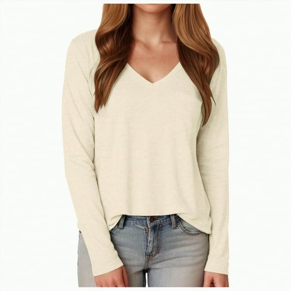 Godom V Neck T Shirts for Women Long Sleeve Tops Solid Color Tee Casual Shirts