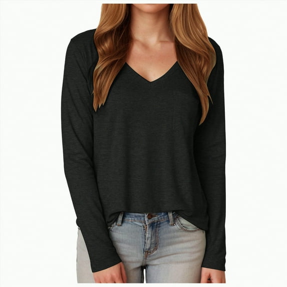 Godom V Neck T Shirts for Women Long Sleeve Tops Solid Color Tee Casual Shirts