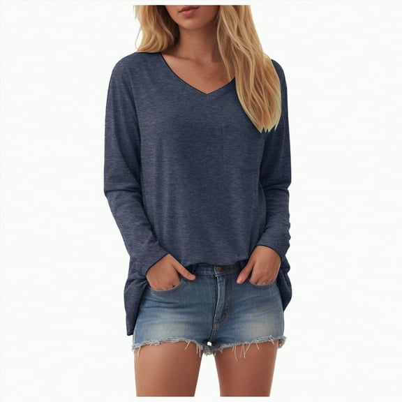 Godom V Neck T Shirts for Women Long Sleeve Tops Solid Color Tee Casual Shirts