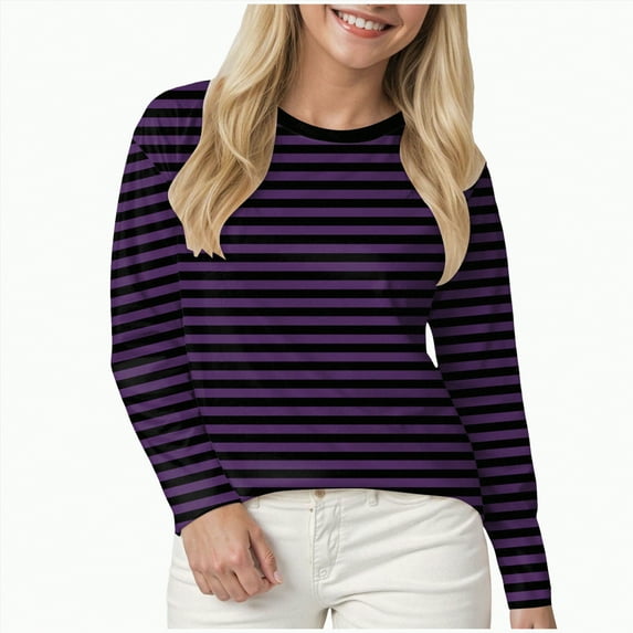 Godom Women Blouses Dressy Casual Autumn Winter Long Sleeve Shirts Crew Neck Striped Tunic Tops
