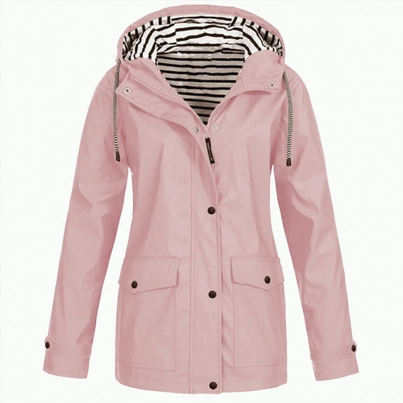 Godom Women Casaul Solid Jackets Outdoor Plus Size Drawstring Zipper Hooded Raincoat Windproof Tops Coat with Pocket