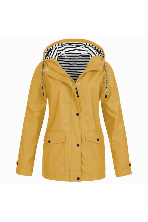 Women Casaul Solid Jackets Outdoor Plus Size Drawstring Zipper Hooded Raincoat Windproof Tops Coat with Pocket
