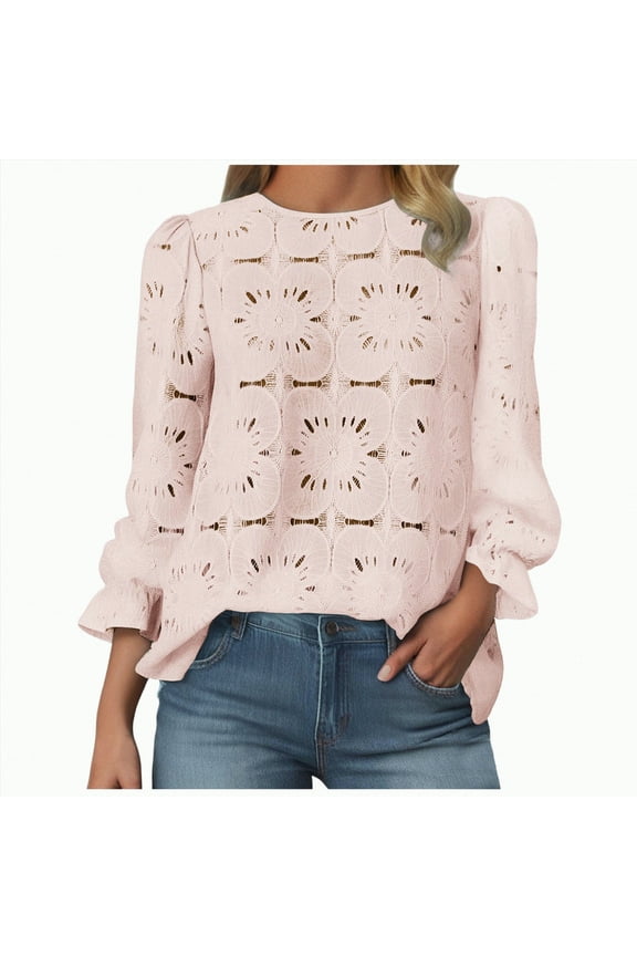 Women Eyelet Long Sleeve Tops Shirts Dressy Hollow Out Crochet Lace Embroidered Blouses 2025 Fashion