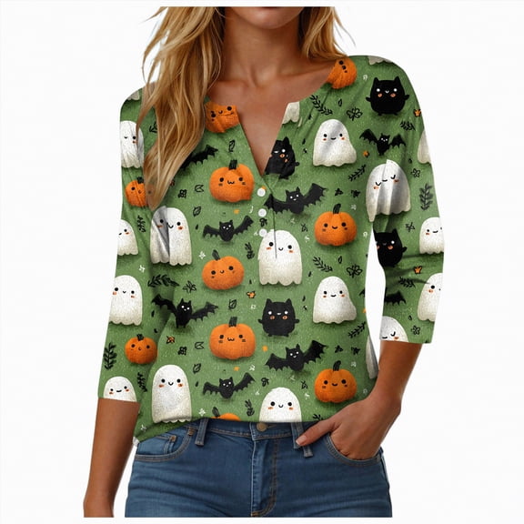 Godom Women Halloween Shirt Halloween Tshirt Graphic Tees Fall Season 3/4 Sleeve Tops
