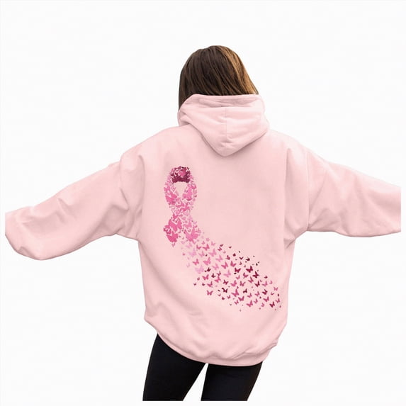 Godom Women Hoodie Pink Ribbon Hoodies Long Sleeve Drawstring Sweatshirts with Pocket