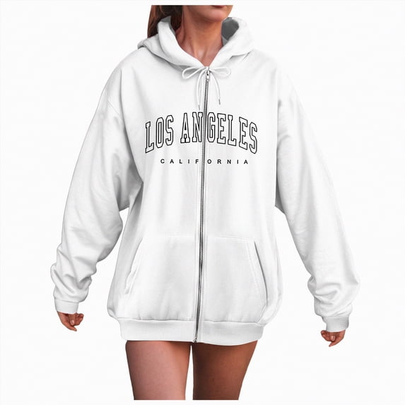 Godom Women Zip Up Hooded Sweatshirt Ladies Letter Print Long Sleeve Casual Loose Lightweight Jacket wih Pockets