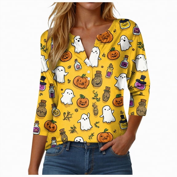Godom Women's 3/4 Sleeve V-Neck Shirts Fall Graphic Tees Halloween Casual T-Shirt