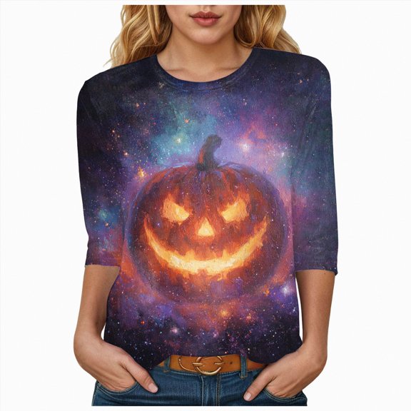 Godom Women's Funny Halloween Tee Pumpkin Graphic T Shirts Shirt 3/4 Sleeve Shirt Tops